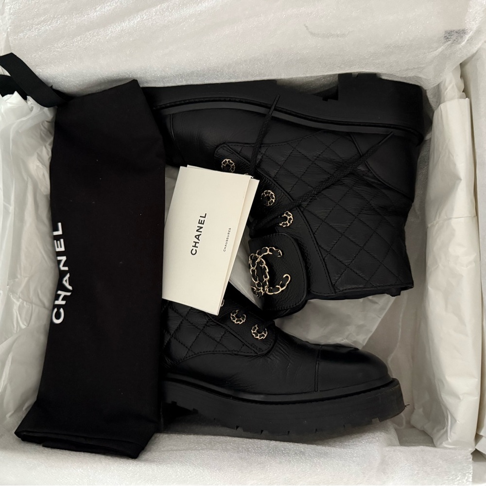 CHANEL Black Leather Boots with Gold Accents - Picture 9 of 12